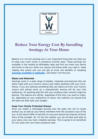 Reduce Your Energy Cost By Installing Awnings At Your Home