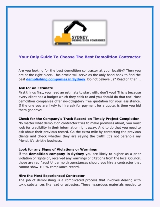 Your Only Guide To Choose The Best Demolition Contractor