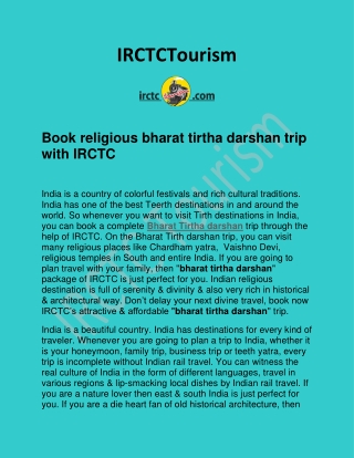 Book religious bharat tirtha darshan trip with IRCTC