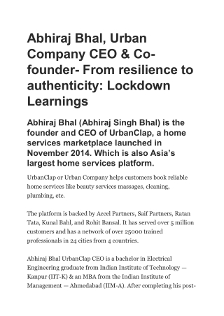 Abhiraj Bhal Urban Company CEO & Co-founder (formerly UrbanClap) Emailed him
