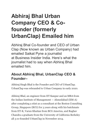 Abhiraj Bhal Urban Company CEO & Co-founder (formerly UrbanClap) Emailed him