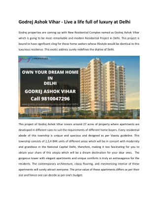 Godrej Properties Announce Godrej Ashok Vihar In Delhi