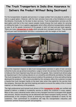 The Truck Transporters in India Give Assurance to Delivers the Product Without Being Destroyed