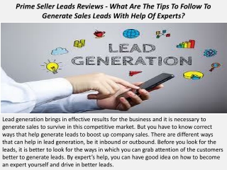 Prime Seller Leads Reviews - What Are The Tips To Follow To Generate Sales Leads With Help Of Experts?