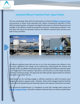 Industrial Effluent Treatment Plant: Aqua Pristine