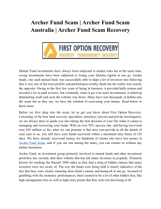 Archer Fund Scam | Archer Fund Scam Australia | Archer Fund Scam Recovery