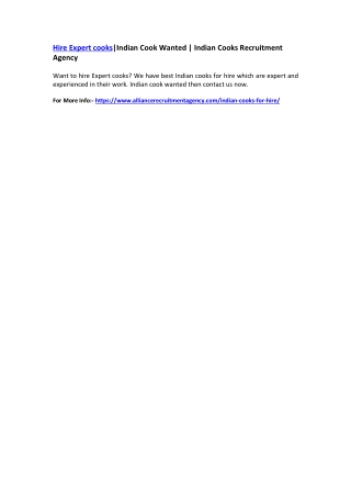 Hire Expert cooks | Indian Cook Wanted | Indian Cooks Recruitment Agency