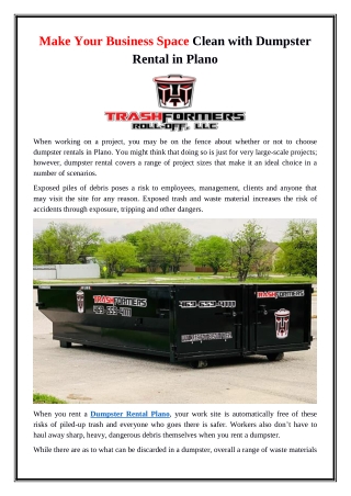 Make Your Business Space Clean with Dumpster Rental in Plano