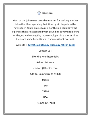 Latest Hematology Oncology Jobs in Texas | Likehire.com