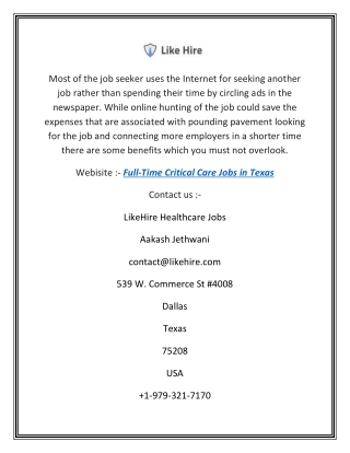 Full-Time Critical Care Jobs in Texas | Likehire.com