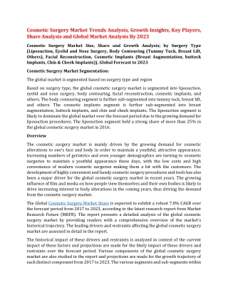 Cosmetic Surgery Market Trends Analysis, Growth Insights, Key Players, Share Analysis and Global Market Analysis By 2023