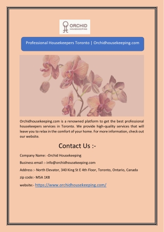 Professional Housekeepers Toronto | Orchidhousekeeping.com