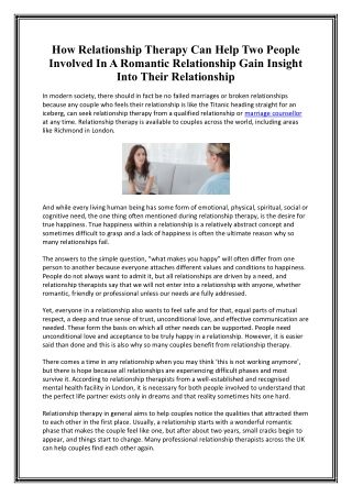 How Relationship Therapy Can Help Two People Involved In A Romantic Relationship Gain Insight Into Their Relationship