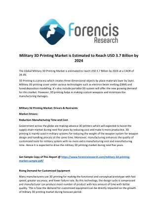 Military 3D Printing Market To Witness Steady Growth During The Forecast Period 2020-2027