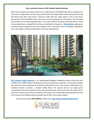 Get Luxury Home in CRC Sublimis Noida Extension