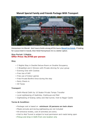 Manali Special Family and Friends Package With Transport