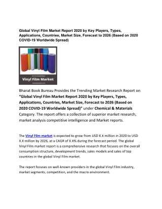 Global Vinyl Film Market Report 2020 Types, Application and Forecasts 2026