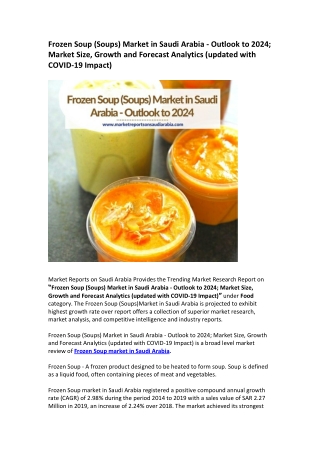 Saudi Arabia Frozen Soup (Soups) Market Opportunity and Forecast 2024