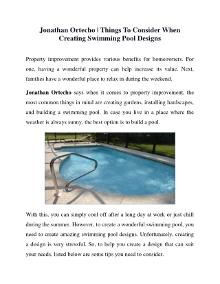 Jonathan Ortecho - Essential Things to Know Before Building Your First Swimming Pool