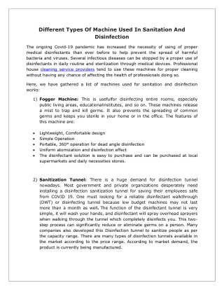 Different Types Of Machine Used In Sanitation And Disinfection