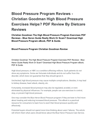 Blood Pressure Program Reviews - Christian Goodman High.