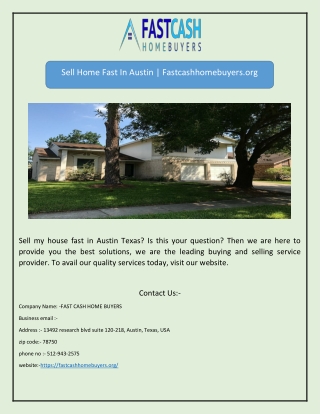Sell Home Fast In Austin | Fastcashhomebuyers.org