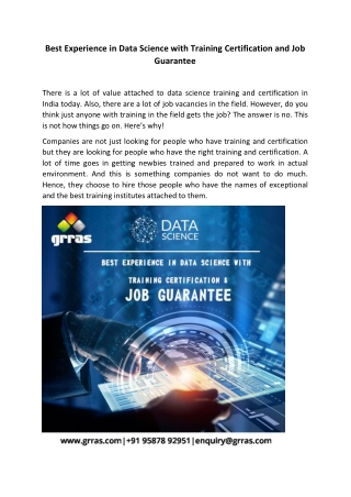 Best Experience in Data Science with Training Certification and Job Guarantee