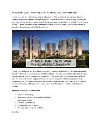 Piramal Bandra Mumbai New Project in Mumbai