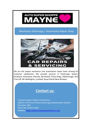 Mechanics Onehunga | Automotive Repair Shop