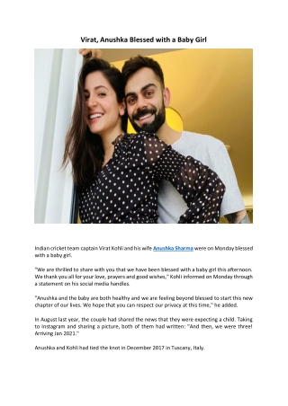 Virat, Anushka blessed with a baby girl