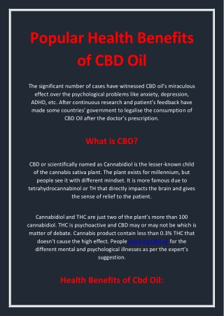 Popular Health Benefits of CBD Oil