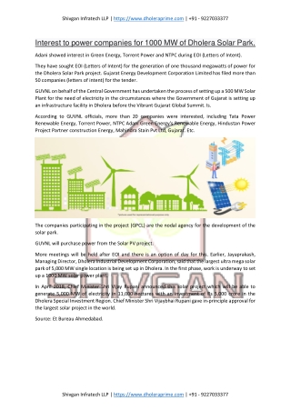 Interest to power companies for 1000 MW of Dholera Solar Park