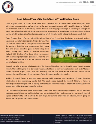 Book Relaxed Tour of the South West at Travel England Tours