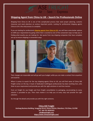 Shipping Agent from China to UK – Search for Professionals Online