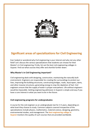 Significant areas of specializations for Civil Engineering