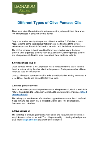 Different Types of Olive Pomace Oils