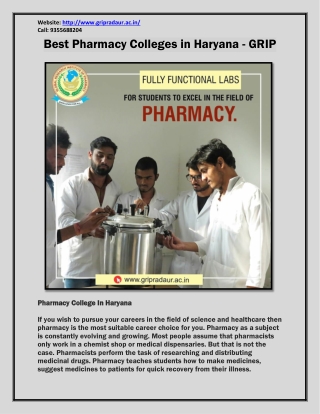 Best Pharmacy Colleges in Haryana - GRIP