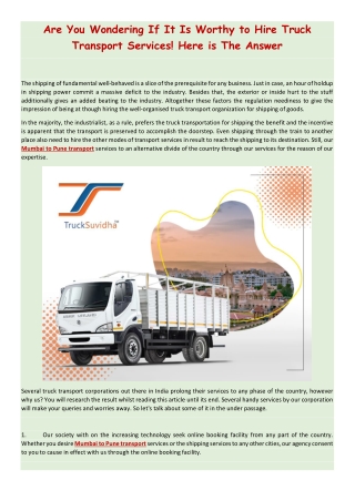 Are You Wondering If It Is Worthy to Hire Truck Transport Services! Here is The Answer