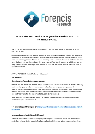 Automotive Seats Market is projected to reach around USD 80.5 billion by 2027