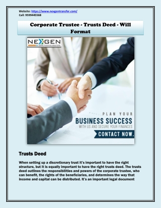 Corporate Trustee - Trusts Deed - Will Format