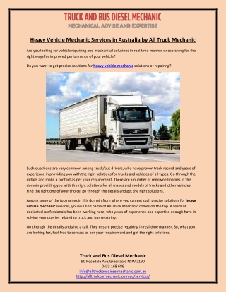 Heavy Vehicle Mechanic Services in Australia by All Truck Mechanic