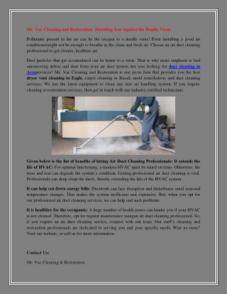 Mr. Vac Cleaning and Restoration: Shielding You Against the Deadly Virus