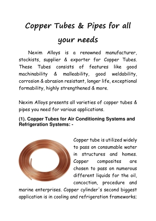 Copper Tubes & Pipes for all your needs !!!