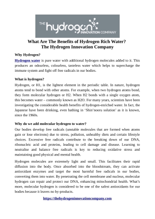 What Are The Benefits of Hydrogen Rich Water? The Hydrogen Innovation Company