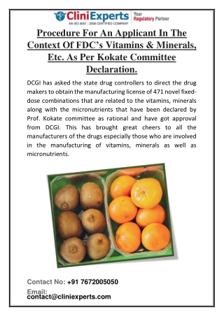 Procedure For An Applicant In The Context Of FDC’s Vitamins & Minerals, Etc. As Per Kokate Committee Declaration.