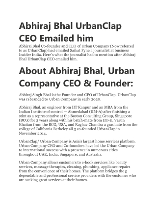 Abhiraj Bhal UrbanClap CEO Emailed Him