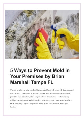 5 Ways to Prevent Mold in Your Premises by Brian Marshall Tampa FL