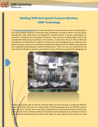 Welding SPM And Special Purpose Machine UMR Technology