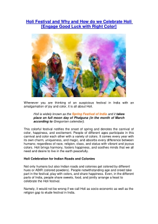Holi Festival and Why and How do we Celebrate Holi [Engage Good Luck with Right Color]