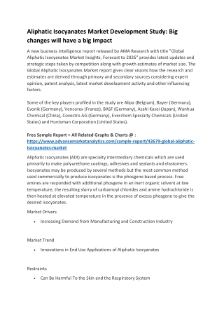 Aliphatic Isocyanates Market Development Study: Big changes will have a big Impact